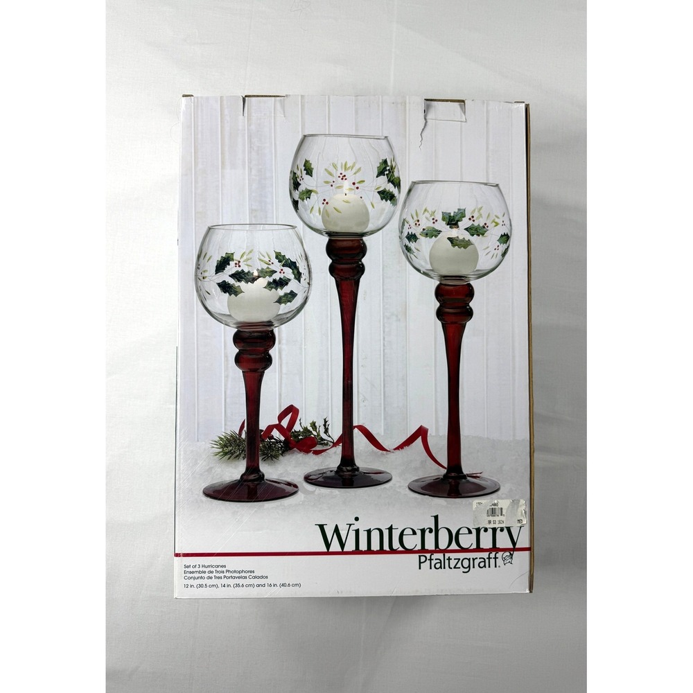 Pfaltzgraff Winterberry Set of 3 Hurricane Candle Holders Red Glass Christmas